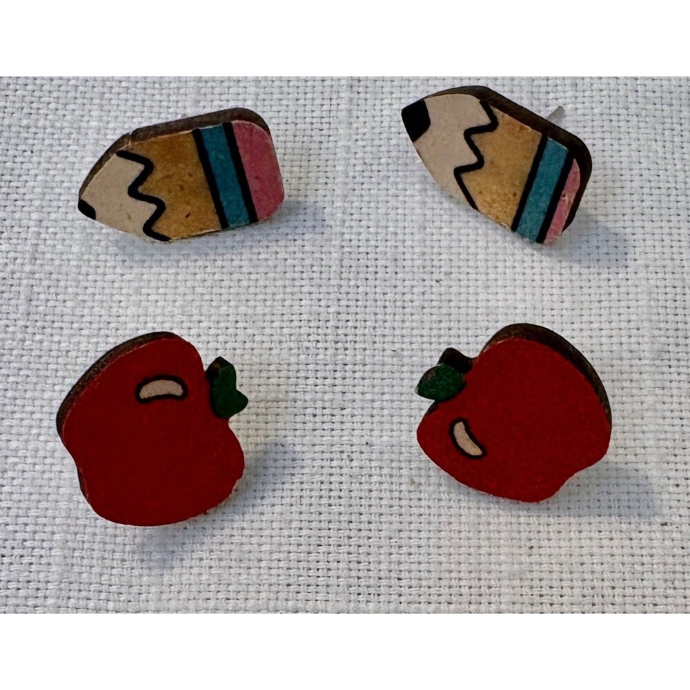 Earrings Wooden Pencil , Apples For Teacher Or Student Gift